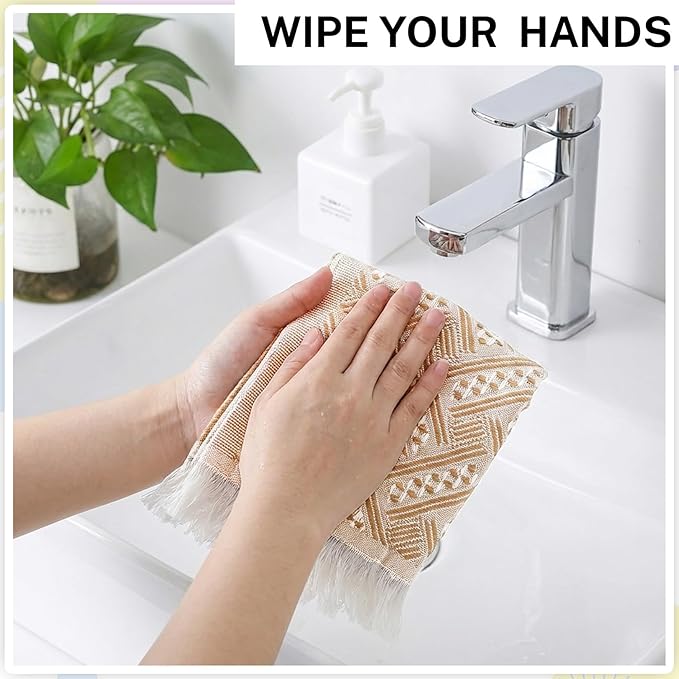 4-Pack Cotton Bathroom Hand Towels – Boho Cotton Hand Towel Set with Jacquard Weave & Fringe, 13"x29.1" Absorbent Soft Face Set for Kitchen, Bathroom, Guest Tea Gift (Brown, White)