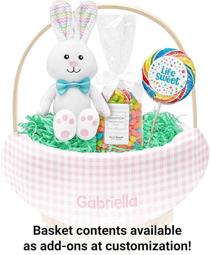 Let's Make Memories Personalized Easter Basket for Kids- For Boys - For Girls - Create Your Own - Fillable - Wicker - Easter Basket Stuffers - Large - Pink Spring Gingham