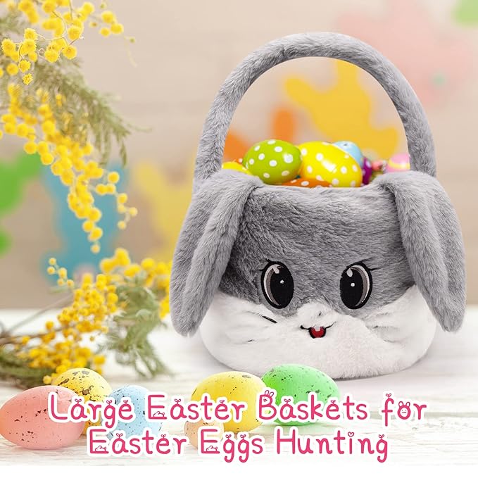 Easter Basket for Kids, Gray, Plush, Round, Cute Modern Rabbit-Shaped with Handle, Perfect for Easter Egg Hunting, Storage, and Decoration