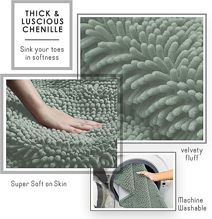 Hearth & Harbor Bathroom Rugs, Chenille Bath Mat - Machine Washable Bath Mats for Bathroom Non-Slip Backing Rubber, Quick Dry Bathroom Mat, 17 x 24 - Ice Green