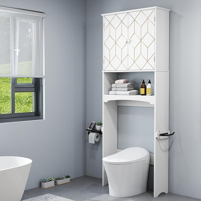 HLR Over The Toilet Storage Cabinet with Gold Trim, Over Toilet Bathroom Organizer with Adjustable Shelves and Toilet Paper Holder, Above Toilet Storage Cabinet Spacesaver for Bathroom(White)