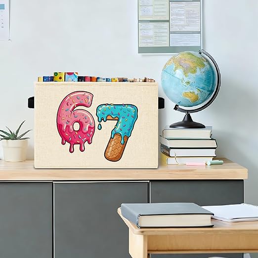 Pink and Blue Funny 6 7 Meme Storage Bins Box with Handles, Donut Ice Cream Number Six Seven Laundry Basket Hamper Collapsible Clothes Toys Organizer for Kids Boys Girls Room Nursery