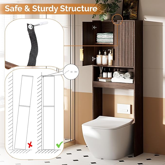 VINGLI Over The Toilet Storage Cabinet, Mid Century Modern Bathroom Organizer with Fluted Doors, Freestanding Wooden Space Saver Stand with Adjustable Shelves for Laundry, Dark Walnut