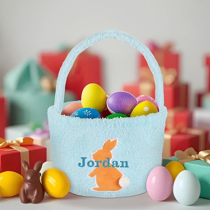 Easter Basket for Kids, VAPCUFF Easter Bunny Basket, Personalized Easter Baskets, Easter Basket with Name - - Blue Basket Brown Bunny