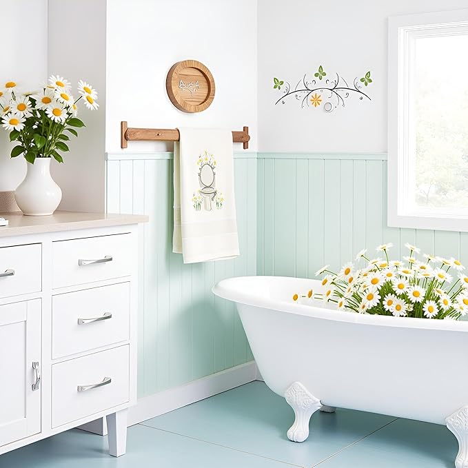2pcs White Daisy Hand Towels for Bathroom Decorative Towels Set 100% Cotton Cute Embroidered Spring Summer Floral Bath Towels Dish Kitchen Towels Farmhouse Bathroom Decor Gift(White Daisy)