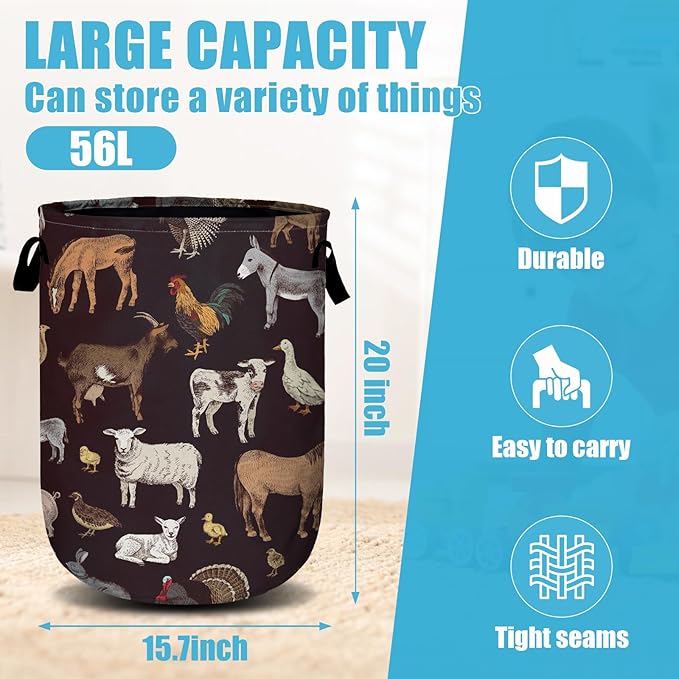 Cute Farm Animals Laundry Basket, Laundry Hamper Collapsible Oxford Cloth with Handle Clothes Toy Storage Bin for Bathroom Laundry Room Bedroom 15.7 X 20 Inch