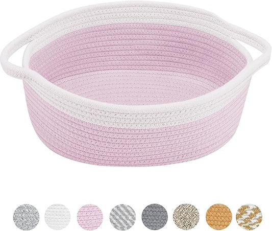 ABenkle Small Basket with Handles, Boho Decorative Rope Woven Dog Cat Toy Storage Bin Shelf Storage Organizer, Easter Christmas Gift Basket, 12"x8"x5", Pink