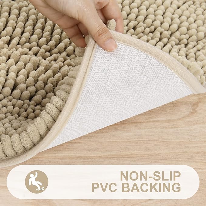 Grandaily Chenille Striped Bathroom Rugs 47x20, Extra Thick and Absorbent Bath Mats, Non-Slip Soft Plush Shaggy Shower Carpet, Machine Wash Dry, Bath Rug for Bathroom, Beige