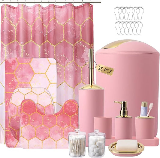 25 Pieces Bathroom Set Pink and Gold Bathroom Accessories Set, Shower Curtain and Rugs, Trash Can, Toilet Brush, Soap Dispenser, Soap Dish, Toothbrush Holder, Tumbler, Tray, Qtip Holder for Home Decor