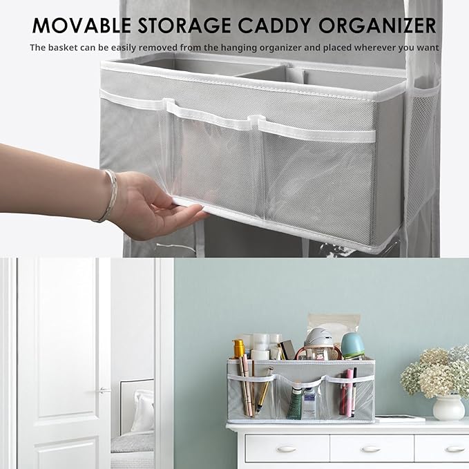 Over The Door Organizer, 5 Tiers Hanging Nursery Storage Closet Organizer with Movable Shelf, Large Capacity Caddy, 10 Side Pockets, Back of Door for Bedroom Bathroom Dorm Decor, Grey