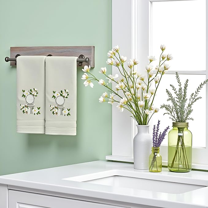 2pcs Sage Green Magnolia Hand Towels for Bathroom Decorative Towels Set 100% Cotton cute Embroidered Spring summer floral bath towels dish kitchen towels Farmhouse Bathroom Decor Gift(Green Magnolia)