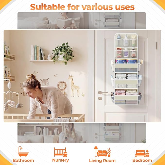 5-Tier Over The Door Organizer with Mesh Pockets, Baby Nursery Storage for Closet, Bathroom and Bedroom, Adjustable Hanging Closet Organizer for Cosmetics, Books and Essentials（Beige）