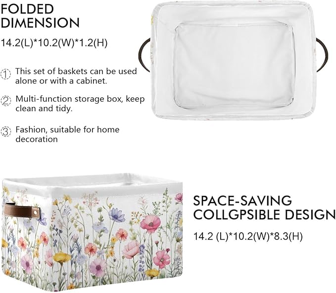YETTASBIN Herbal Wildflowers Storage Basket 1pc, Large Collapsible Toys Clothes Organizer, Durable Canvas Storage Bin with Handle for Shelves Closet Laundry Home Office Decor