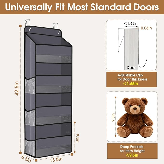 WISELIFE Over The Door Organizer Storage with 4 Large Pockets Door Hanging Organizer with Clear Windows behind The Door Storage for Nursery Bedroom Bathroom Pantry Closet and Baby Essentials Dark Grey