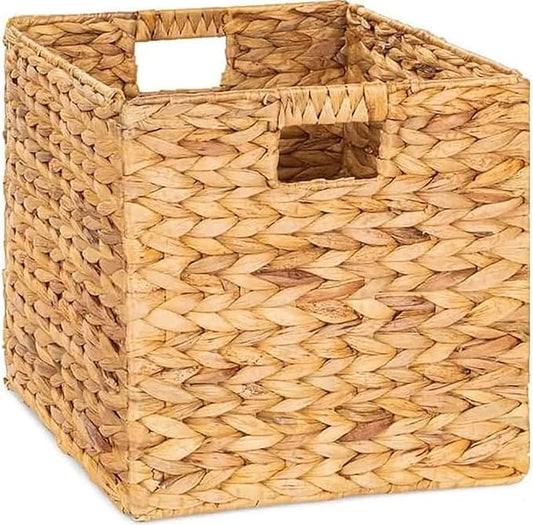 10.5x10.5in Storage Baskets Set Water Hyacinth Baskets,Foldable Handwoven Storage Cubes,Wicker Cube Baskets Laundry Organizer Totes for Bathroom, Bedroom, Laundry, Pantry, Shelves (1, Water Hyacinth)