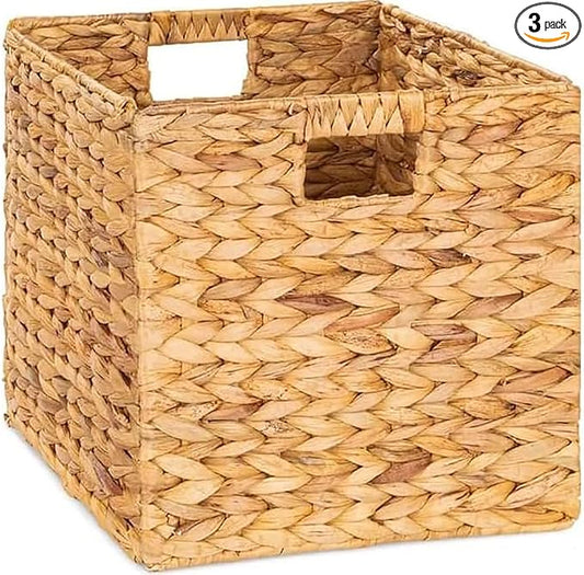10.5x10.5in Storage Baskets Set Water Hyacinth Baskets,Foldable Handwoven Storage Cubes,Wicker Cube Baskets Laundry Organizer Totes for Bathroom, Bedroom, Laundry, Pantry, Shelves (3, Water Hyacinth)