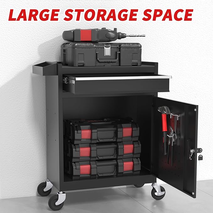 5-Drawer Rolling Tool Chest, Tool Box with Wheels, Tool Cart with 2 in 1 Detachable Top Box, Lockable Wheels, Drawers, Liner, Metal Mechanic Tool Storage Cabinet for Garage, Workshop, Black