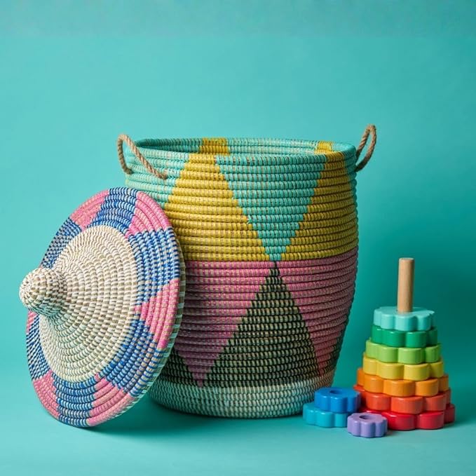 Small Colorful Basket, Shelf Basket, Storage Hamper for Towels, Clothes, Bath Tissue, Toys, Blankets, Bedroom, Living Room, Nursery, Wicker, Lid, Handles, Triangles Pattern