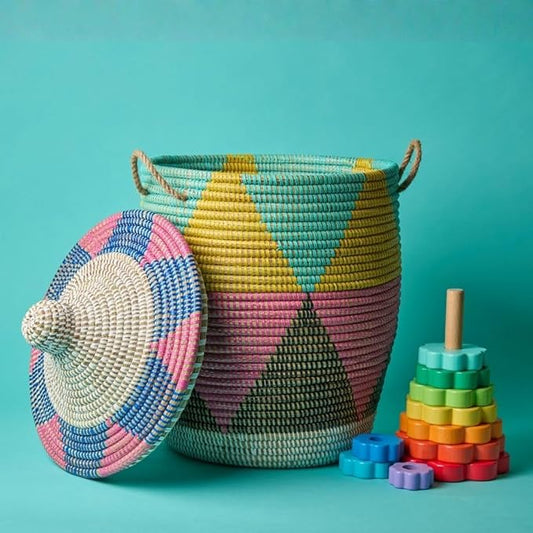 Small Colorful Basket, Shelf Basket, Storage Hamper for Towels, Clothes, Bath Tissue, Toys, Blankets, Bedroom, Living Room, Nursery, Wicker, Lid, Handles, Triangles Pattern