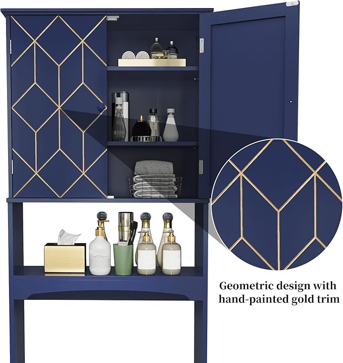 HLR Over The Toilet Storage Cabinet with Gold Trim, Over Toilet Bathroom Organizer with Adjustable Shelves and Toilet Paper Holder, Above Toilet Storage Cabinet Spacesaver for Bathroom (Blue)