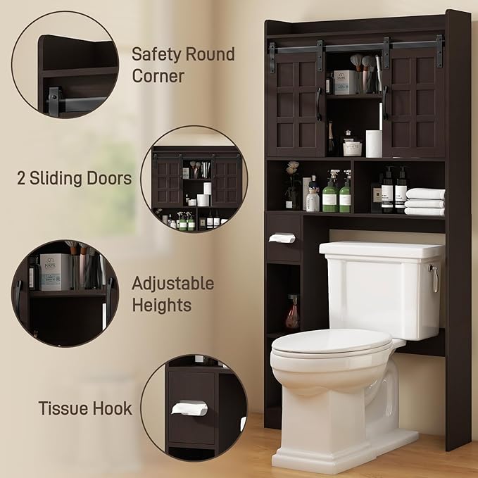 Over The Toilet Storage Cabinet, Farmhouse Storage Cabinet Over Toilet with Sliding Doors，Home Space-Saving Toilet Rack, for Bathroom, Restroom, Laundry. Espresso
