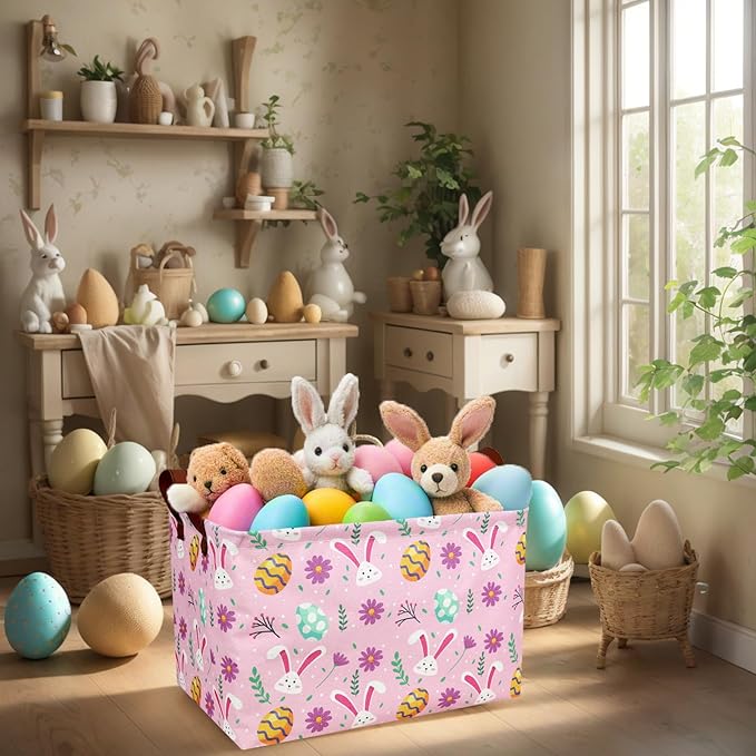 Kid Large Empty Easter Basket Personalized Fabric Bunny Easter Basket for Boy and Girl (Rabbit Easter Egg Pink)