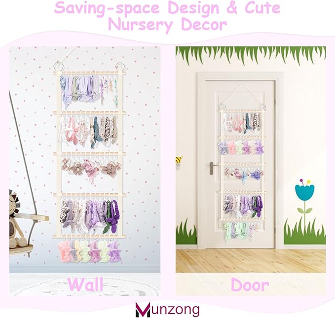 Munzong Headband Holder 52x17 inch, Beige Bow Organizer for Baby Girls, Extra Large Nursery Wall Hanging Clip Storage w/ 60 Hooks, Hair Accessories Organizer Rack Shelf for Toddler Kids Room Decor