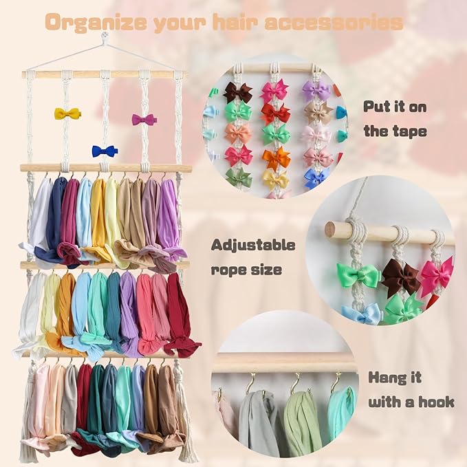 Headband Holder Hair Bows Organizer for Girls, Baby Headbands Hair Accessories Organizer Storage Wall Hanging Decor for Toddler Girls Room