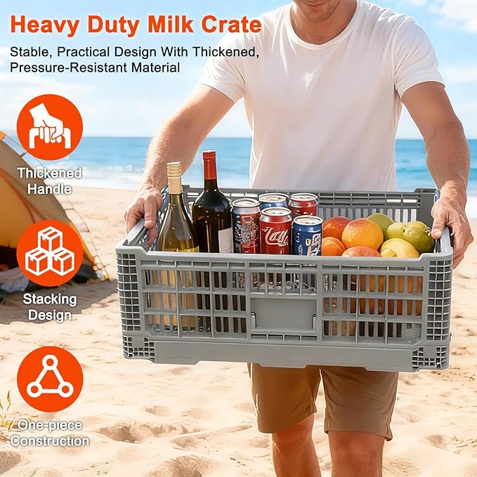 Collapsible Milk Crate, 1 pck 52L(13GAL) Stackable Storage Bins, Heavy Duty Storage Crates, Plastic Crates for Grocery, Warehouse Organization - Extra Large, Holds 130 lbs Per Bin