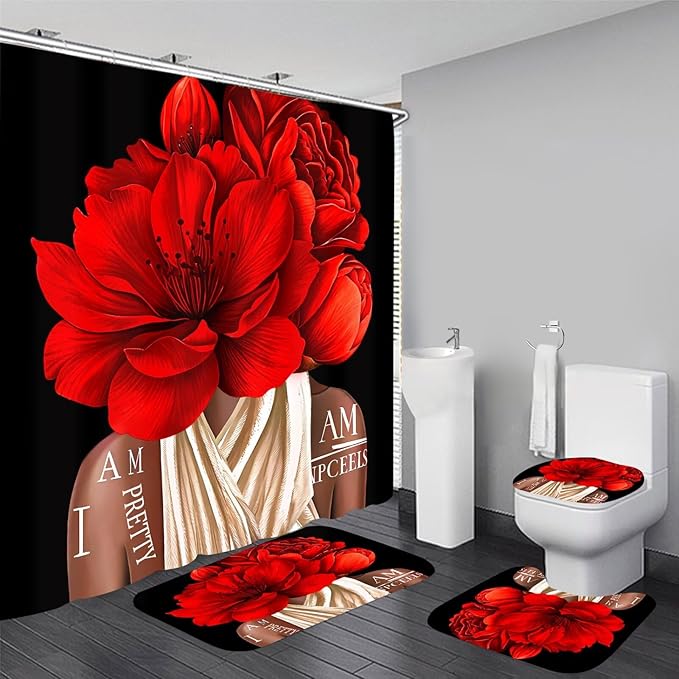 4 Pcs Valentines Red Girl Shower Curtain Sets African American Woman Rose Floral Quotes Non-Slip Rugs Bath Mat Toilet Cover U Shaped Mat Shower Curtain with 12 Hooks Bathroom Set
