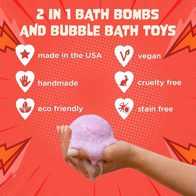 Superhero Bath Bombs for Kids with Surprise Toys Inside (6 Pack) - Large Bubble Bomb Fizzies for Boys, Girls, & Toddlers - Boys Easter Basket Stuffers, Fruity Scents, Made in USA by Two Sisters