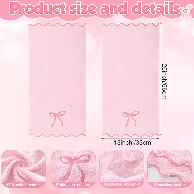 2 Pcs Pink Scalloped Hand Towels for Bathroom 26 x 13 Embroidery Coquette Bow Hand Towels 100% Cotton Soft Absorbent Boho Bath Decor for Kitchen Bathroom