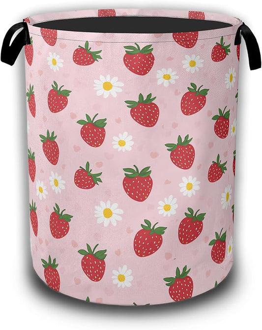 Laundry Hamper,Strawberry Groovy Floral Collapsible Laundry Baskets Waterproof Oxford Cloth With Handles,Clothes Storage Bucket Toy Organizer For Bathroom/Nursery/Bedroom 16" x 20.8"