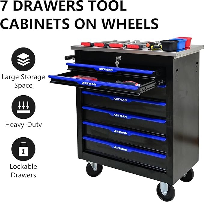 7 Drawers Rolling Tool Chest Cart PLUS ,Tool Storage Cabinet With 4 Wheels.Tool Cabinet Trolley With Locking System and Stainless Steel Countertops.Tool Storage Cart for Garage,Workshop,Warehouse