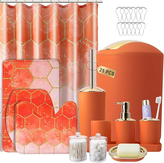25 Pieces Bathroom Set Orange and Gold Bathroom Accessories Set, Shower Curtain and Rugs, Trash Can, Toilet Brush, Soap Dispenser, Soap Dish, Toothbrush Holder, Tumbler, Tray, Qtip Holder