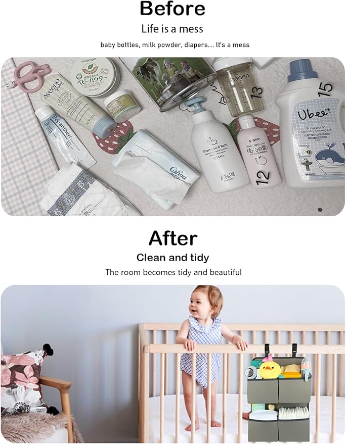 Hanging Diaper Organizer for Crib/Playpen/Bassinet – Hold 80+ Diapers - 4 Deep Pockets-H19in x L15 in Changing Table Diaper Holder - Hanging Diaper Stacker Nursery Caddy Organizer - Grey