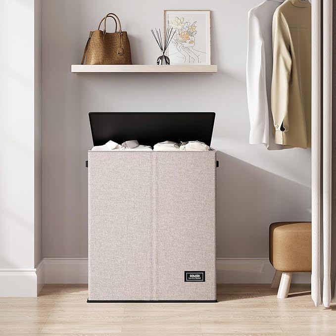 SOLEDI Large Double Laundry Hamper with Lid, Collapsible Clothes Hamper 2 section with Removable Bags, Space-Saving Laundry Basket for Bedroom, Dorm, College