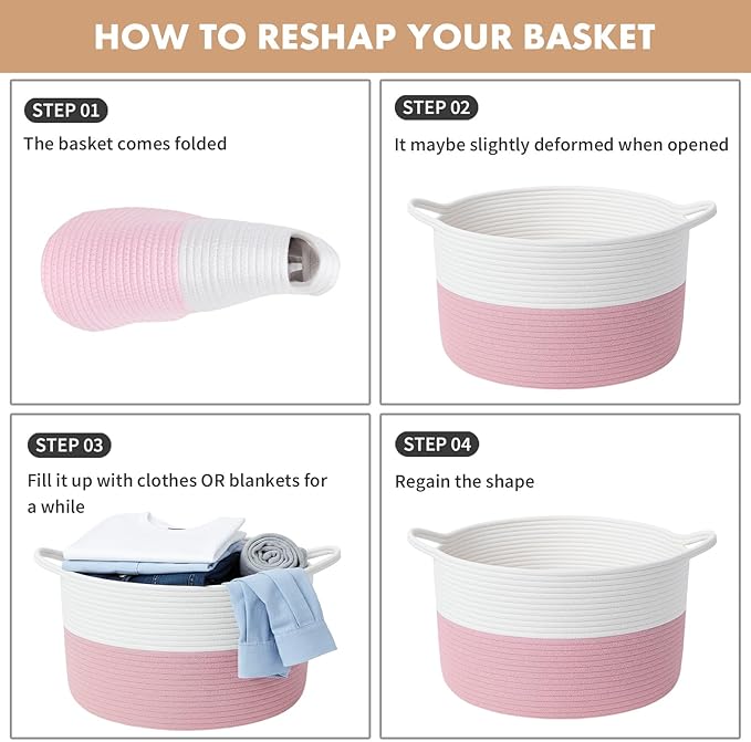 ShellKingdom Laundry Basket, Large Natural Rope Woven Storage Basket with Handles for Home, Living Room, Laundry, Storage Organizer for Blankets, Clothes, Toys, 13.78 x 21.65 INCH (2-Toned White Pink)