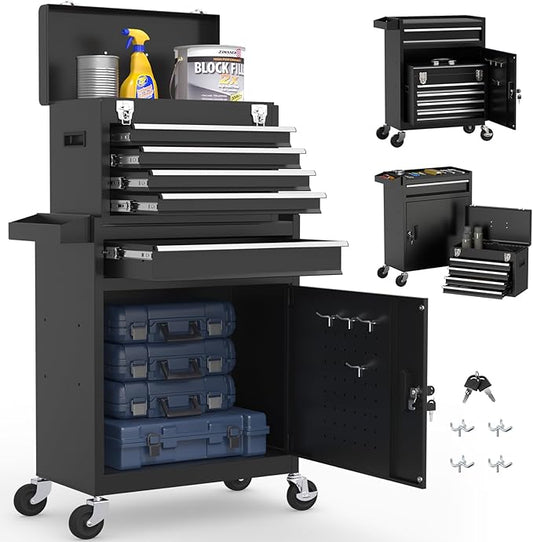 5-Drawer Rolling Tool Chest, Tool Box with Wheels, Tool Cart with 2 in 1 Detachable Top Box, Lockable Wheels, Drawers, Liner, Metal Mechanic Tool Storage Cabinet for Garage, Workshop, Black