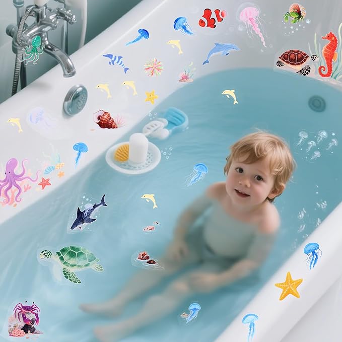 6pcs Sea Creatures Bathtub Grip Stickers, Non Slip Ocean Kids Bathtub Anti Clip Stickers Strong Adhesive Decals Creative and Cute Bathroom Decorations for Bath Tub and Shower Floor