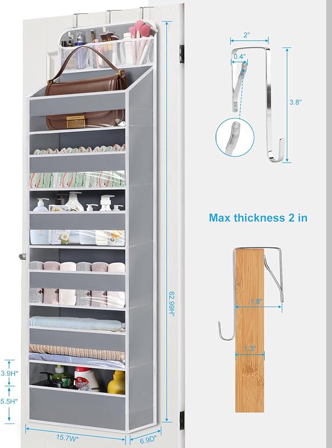 Over the Door Organizer 7 Tiers - 55lb Heavy Duty Door Hanging Organizer, No Tilt Behind Door Storage for Bedroom/Bathroom/Closet/Nursery/Shoe Storage, Grey, 1 Pack