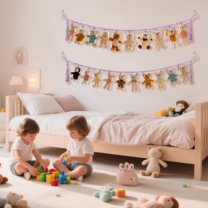 80" Cotton Hanging Storage Chain for Stuffed Animals Storage with 40 Metal Clips, Stuffed Animal Organizer Chain for Wall Corner Nursery Play Room, Rainbow