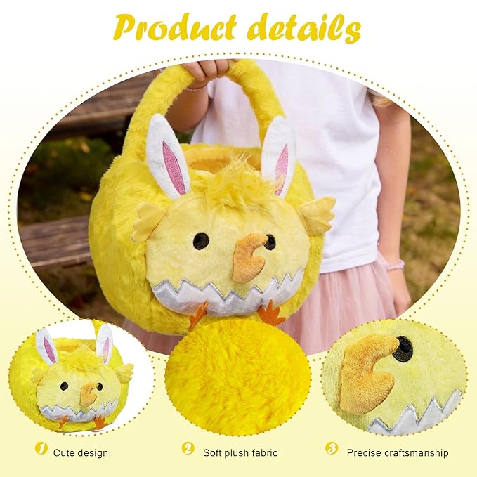 2026 chick Plush Baskets Easter Basket, Easter Egg Hunt Buckets, Easter Decorations Indoor Outdoor, Cute Easter Gifts for Kids, Adults, Teens, Toddlers, Girls