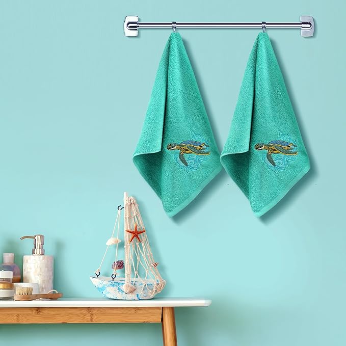 2 Pcs Sea Turtle Hand Towels Teal Bathroom Decor 14x29 Inch Embroidered 100% Cotton Soft Absorbent Spring Summer Decorative Hand Towels for Bathroom Kitchen