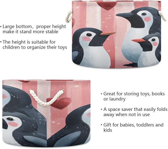 Blanket Storage Basket for Living Room - Penguins Large 20"x20"x14" Cotton Rope Handles Laundry Basket, Foldable for Toy Storage, Blanket Basket