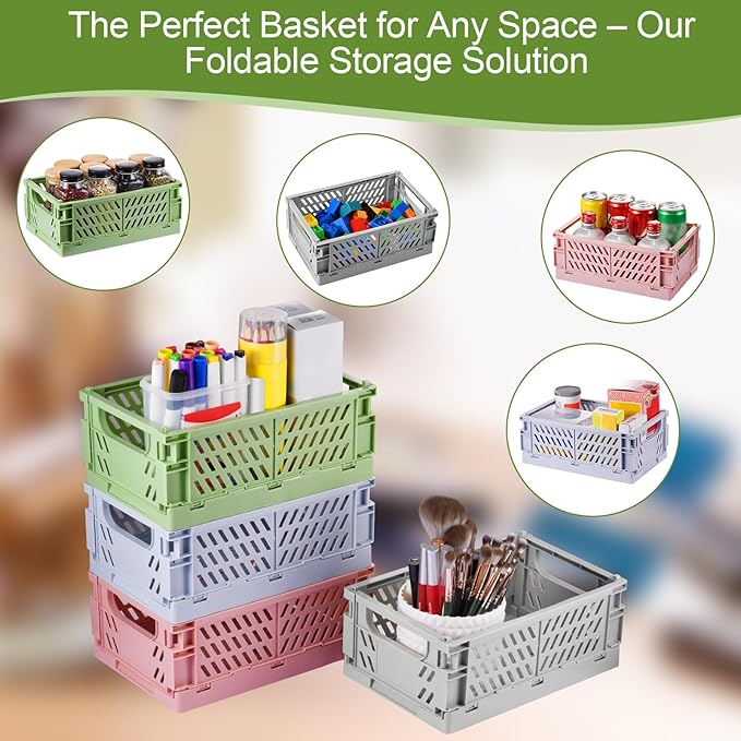 2-Pack Small Pastel Plastic Storage Baskets, Collapsible Crates for Organizing, Space-Saving Mini Bins for Classroom, Kitchen, Office, Bedroom (Green, 9.8" x 6.5" x 3.8")