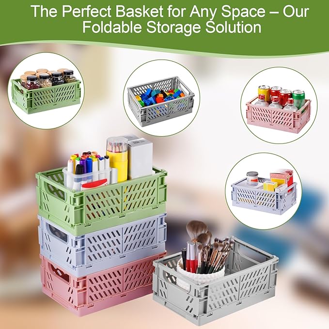 2-Pack Small Pastel Plastic Storage Baskets, Collapsible Crates for Organizing, Space-Saving Mini Bins for Classroom, Kitchen, Office, Bedroom (Purple, 9.8" x 6.5" x 3.8")