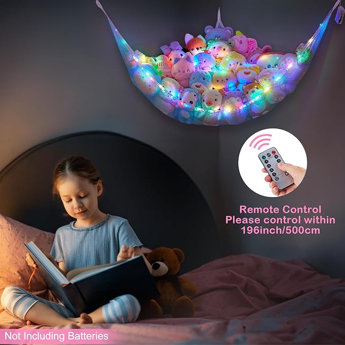 Basumee Stuffed Animals Net or Hammock with LED Light Hanging Toy Net Hammock for Stuffed Animals Storage Stuff Animals Hammocks for Nursery Room with Remote Control, 8 Kinds of Lights(Pack of 1)