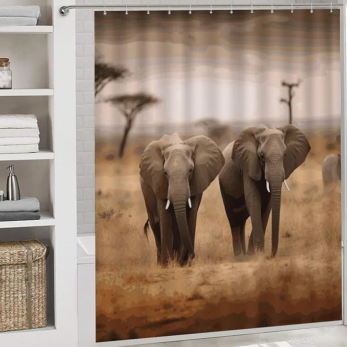 4 Piece Bathroom Rug Set with Shower Curtain, Non-Slip Bath Mat Toilet Cover Set, Wild Animals Elephants Bathroom Rug Sets