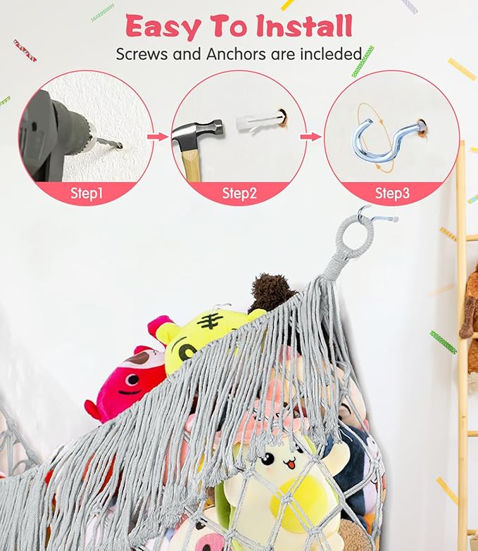 Stuffed Animal Hammock - Extra Large 63'' Long, Stuffed Animal Storage, stuffed animal Holder net, Hammock Large, Storage Hanging Organizer - Light grey
